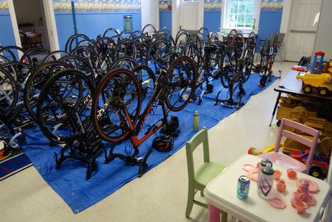I realized I haven't uploaded many day-in-the-life photos. Here are the bikes on their tarps (to keep hosts floors clean) Bikes on a tarp